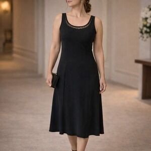 Vintage Evan-Picone Black Midi Dress – Beaded Scoop Neck | Quiet Luxury | Size 4